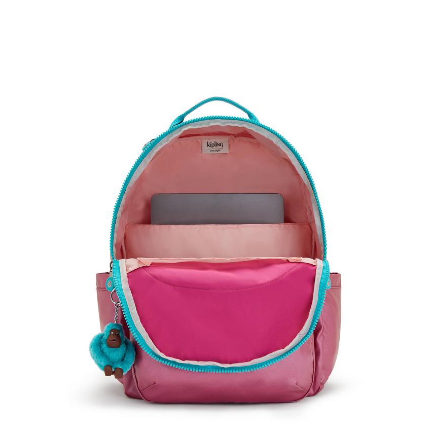 Kipling Seoul Large Metallic Backpacks Pink Metal | UKKi1357G